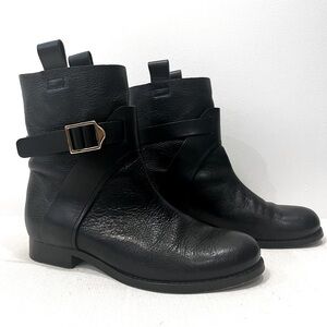 Chloe Black Leather Gold Buckle Ankle Moto Combat Flat Fur Pull On Boots 7 EU 37